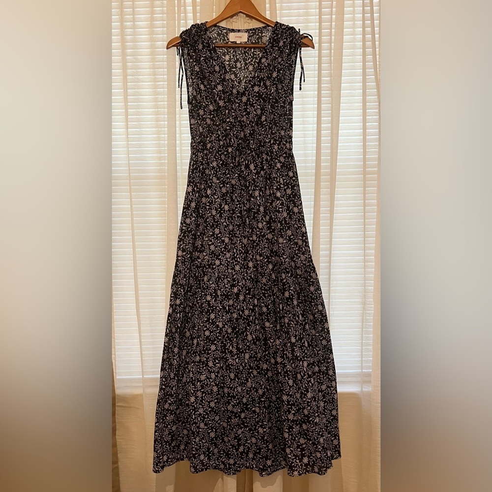 Xirena Black Purple Floral Long Maxi Tiered Dress Cotton V-Neck Size S Vacation